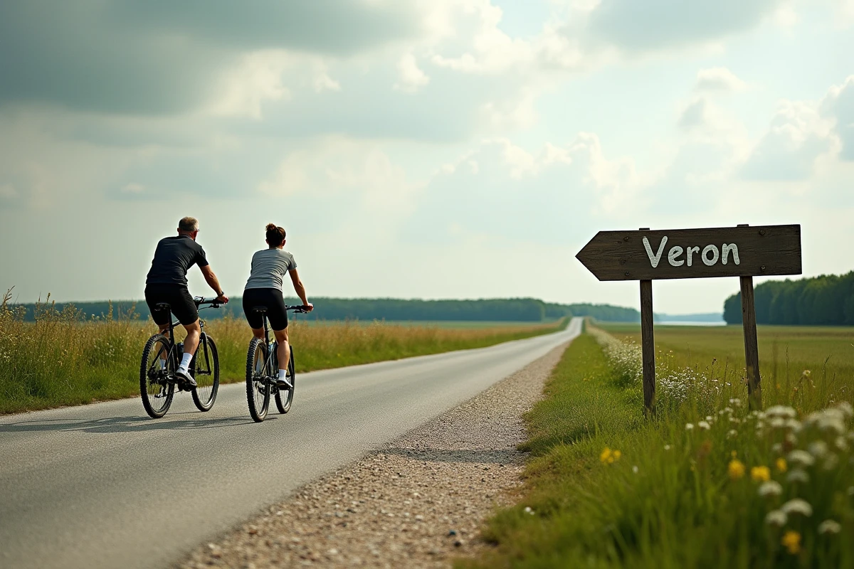 Couple à vélo sur une route de la presqu'île du Véron le long de la Loire avec panneau de signalisation local