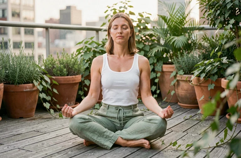 Femme pratiquant le yoga matinal sur une terrasse en bois entourée de plantes vertes pour améliorer son bien-être naturellement